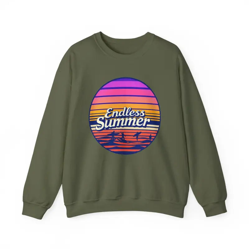Olive green crewneck sweatshirt featuring Endless Summer graphic in retro style