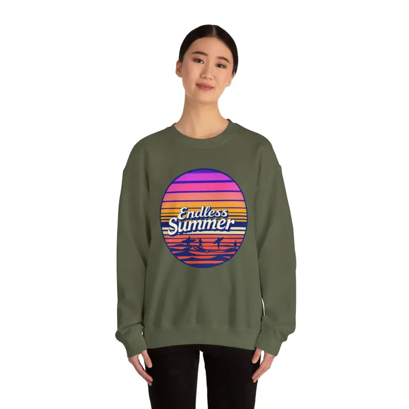 Olive green Endless Summer unisex crewneck sweatshirt with relaxed vibe retro design