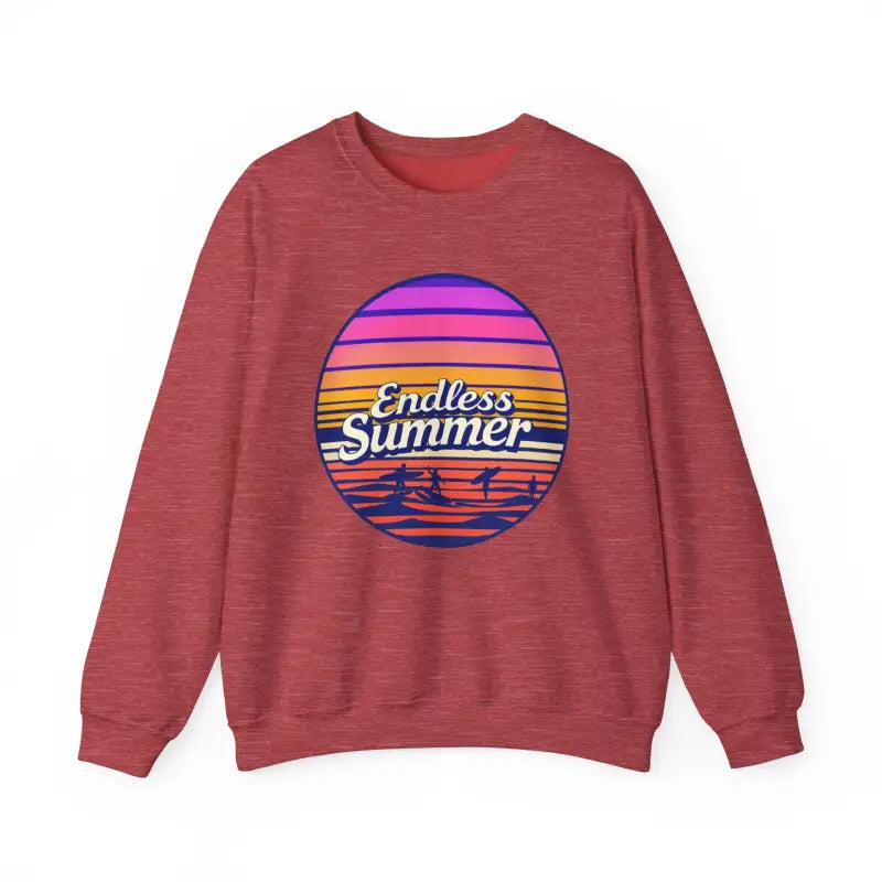 Red sweatshirt featuring Endless Summer graphic in relaxed retro style