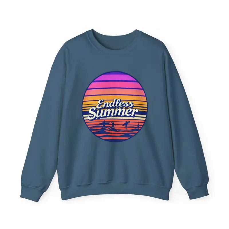 Blue sweatshirt featuring Endless Summer graphic in relaxed vibe retro design