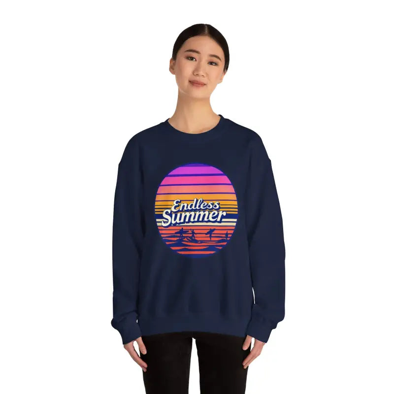 Navy blue crewneck sweatshirt featuring Endless Summer graphic for a relaxed retro vibe
