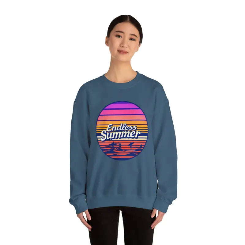 Blue sweatshirt featuring Endless Summer graphic, part of Endless Summer Unisex Crewneck line
