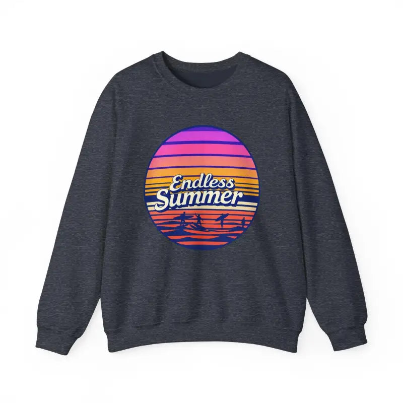 Gray sweatshirt featuring Endless Summer graphic in retro unisex crewneck design