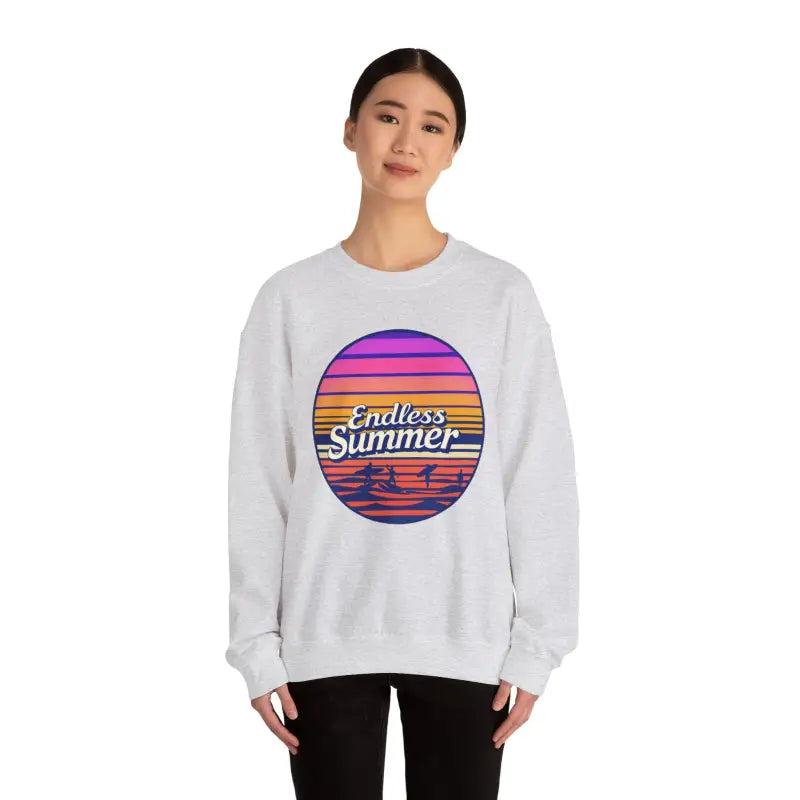 White sweatshirt featuring Endless Summer graphic in relaxed retro design