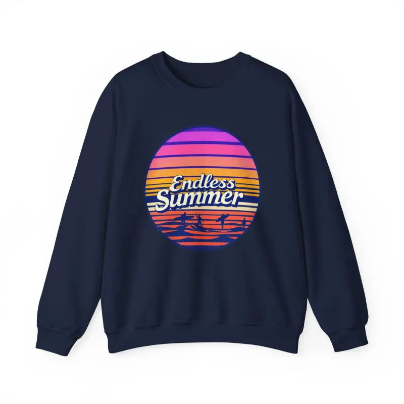 Navy blue Endless Summer sweatshirt featuring retro graphic design for relaxed vibe