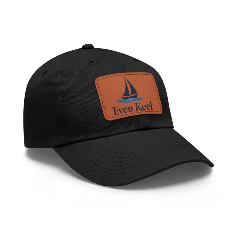 Black baseball cap featuring a sailboat patch from the Even Keel Branded Dad Hat collection