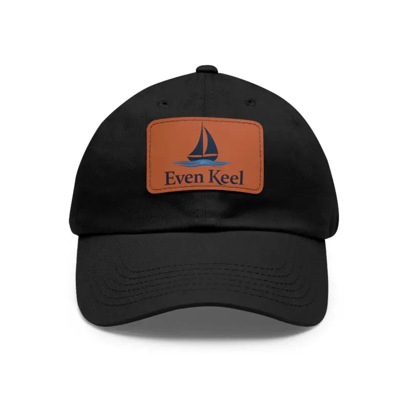 Black baseball cap featuring a sailboat patch from Even Keel branded collection