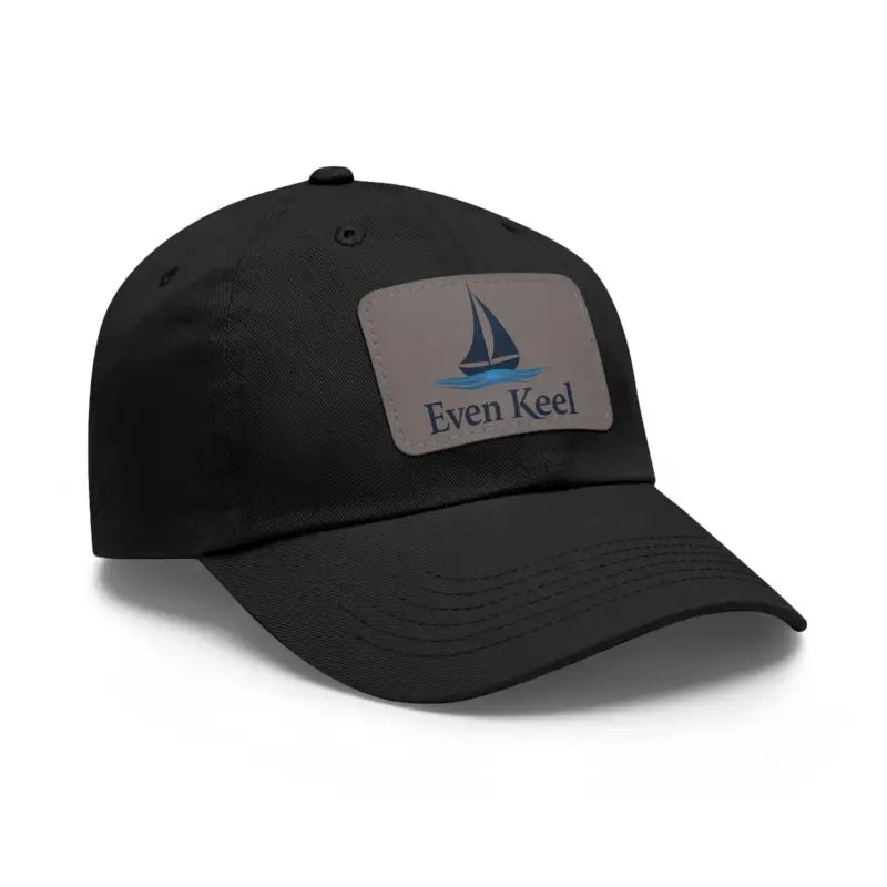 Black baseball cap featuring a sailboat patch, Even Keel Branded Dad Hat