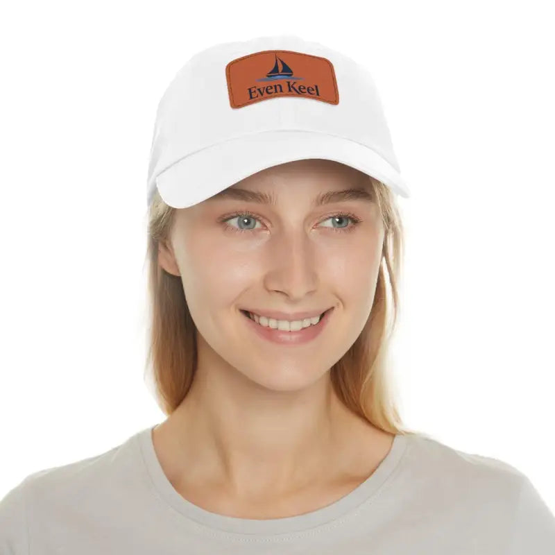 White baseball cap with brown leather patch from Even Keel Branded Dad Hat collection