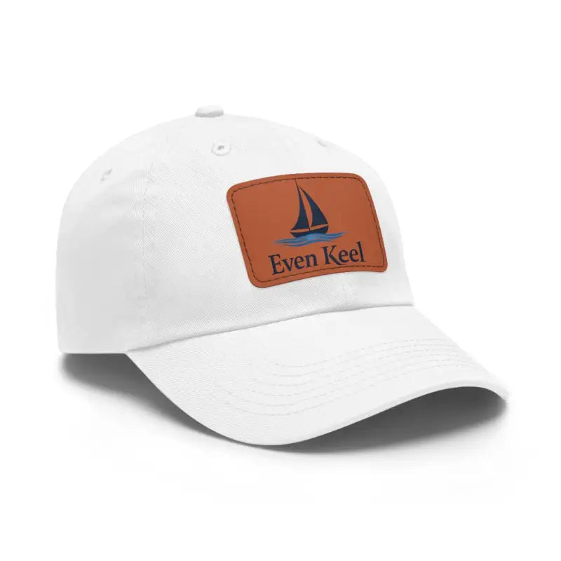White baseball cap featuring a sailboat patch from Even Keel Branded Dad Hat collection