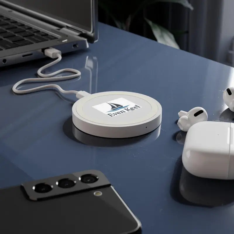 White wireless charging pad from Even Keel Signature Quake, 5W power output