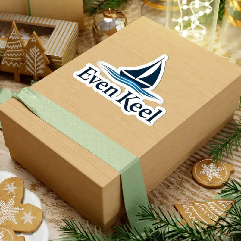 Wrapped gift box featuring Even Keel Signature Sailboat Logo Sticker design