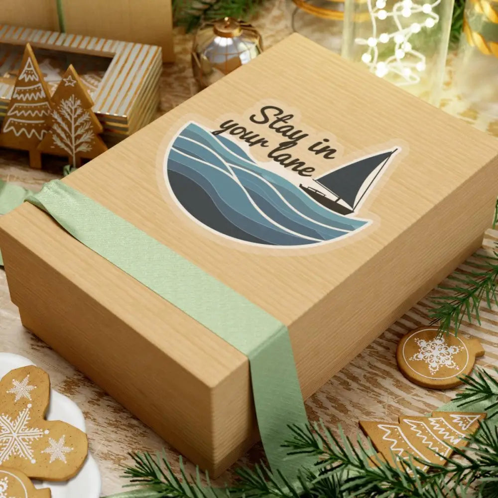 Wrapped gift box featuring Even Keel Stay Your Lane Nautical Sailboat Sticker
