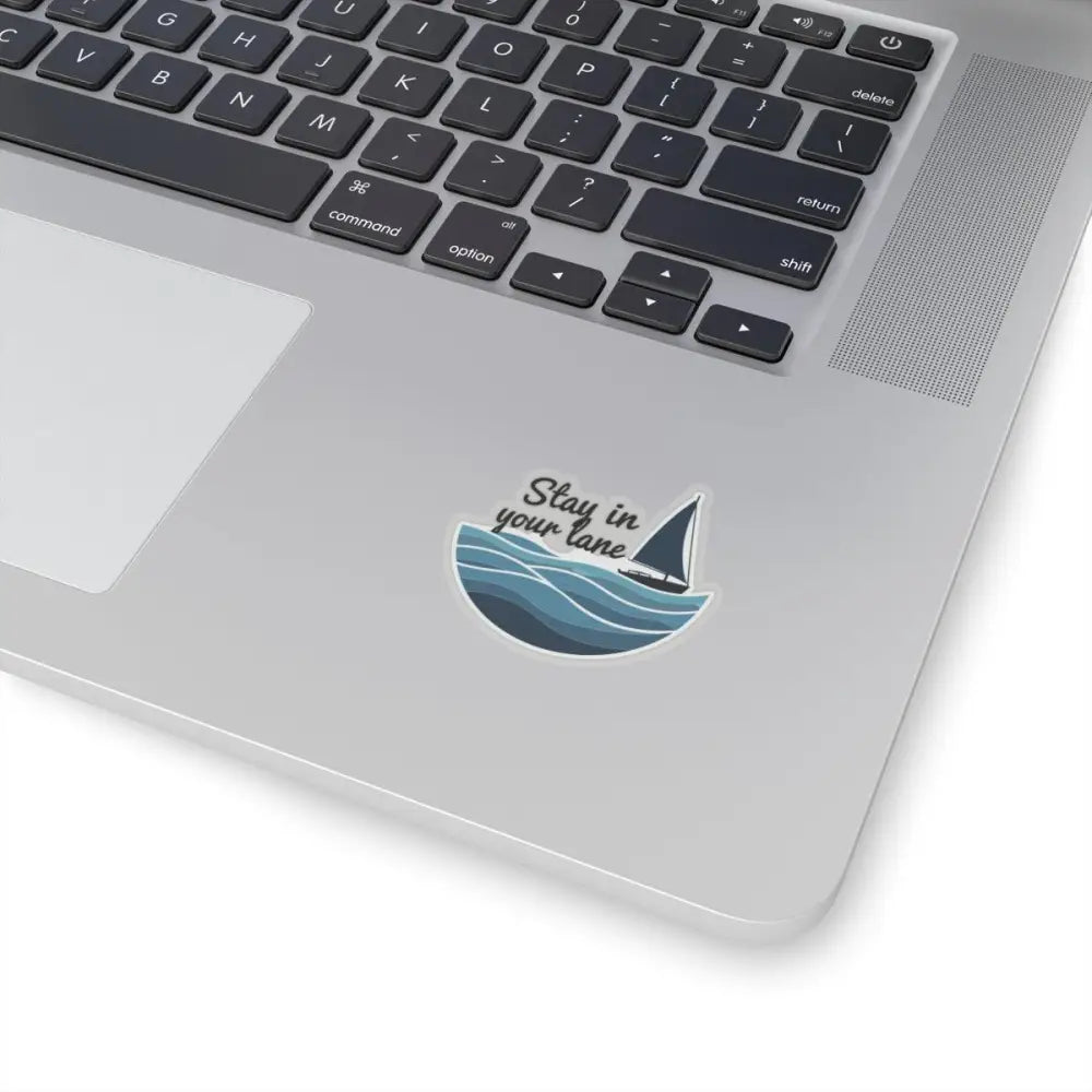 Laptop sticker featuring a sailboat and ocean waves for Even Keel Stay Your Lane