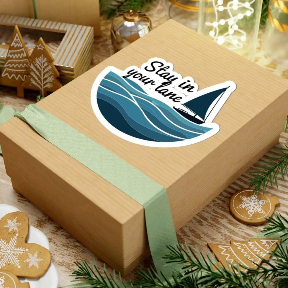 Gift box featuring Even Keel Stay Your Lane Nautical Sailboat Sticker for elegant gifting