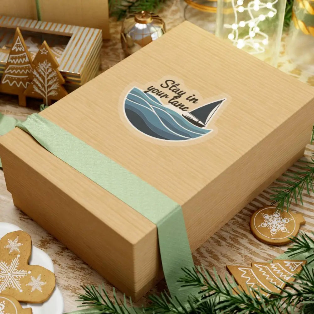 Wrapped gift box featuring Even Keel Stay Your Lane Nautical Sailboat Sticker
