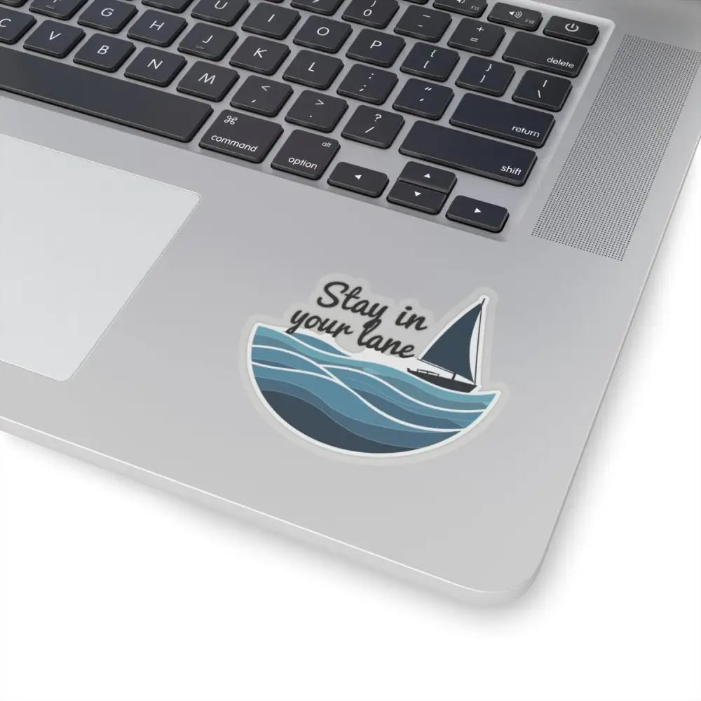 Laptop sticker featuring a sailboat on wavy water from Even Keel Stay Your Lane