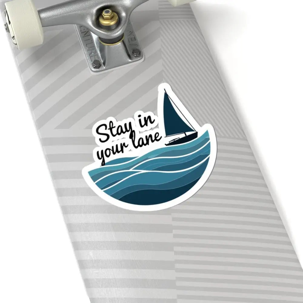 Sailboat sticker on a skateboard, Even Keel Stay Your Lane Nautical design