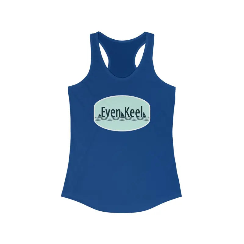 Blue racerback tank top from Even Keel for women’s active lifestyle apparel