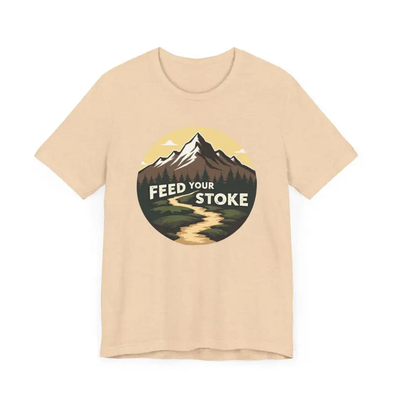 Beige t-shirt featuring a mountain graphic from the Feed Your Stoke collection