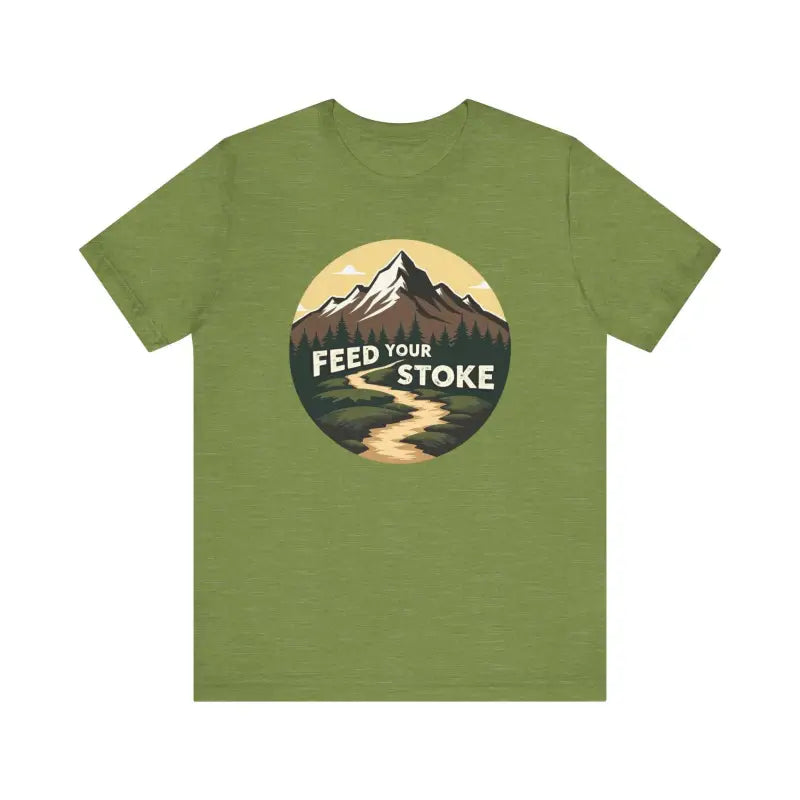 Green Feed Your Stoke Mountain Graphic T-Shirt featuring a vibrant mountain design