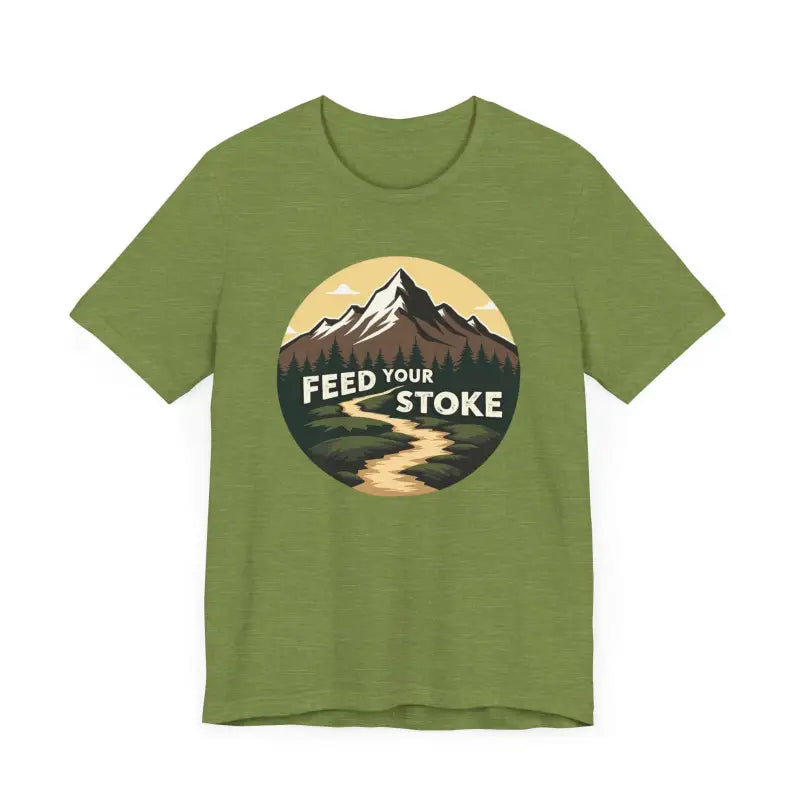 Green Feed Your Stoke Mountain Graphic T-Shirt featuring a scenic mountain design