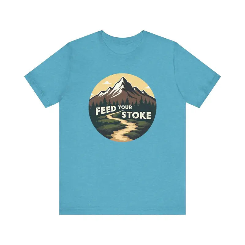 Teal Feed Your Stoke Mountain Graphic T-Shirt featuring a stunning mountain design