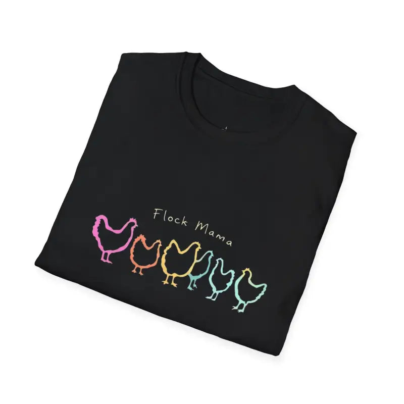 Folded black Flock Mama T-shirt featuring a vibrant chicken graphic for bird lovers
