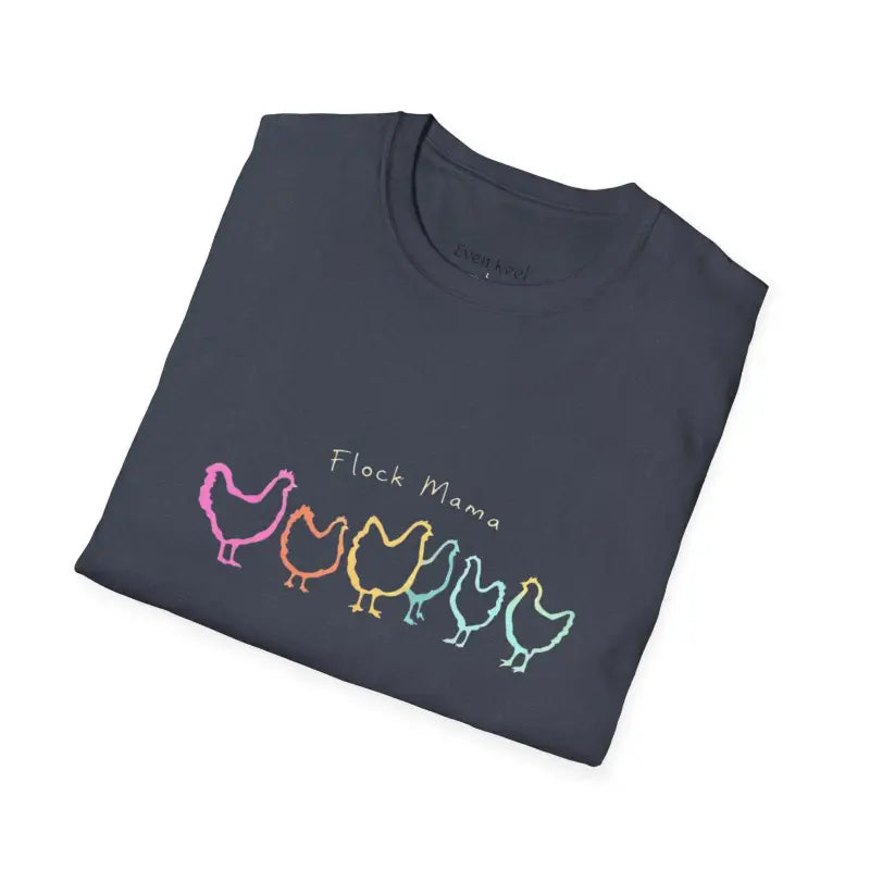 Folded dark gray Flock Mama t-shirt featuring a vibrant chicken graphic for bird lovers