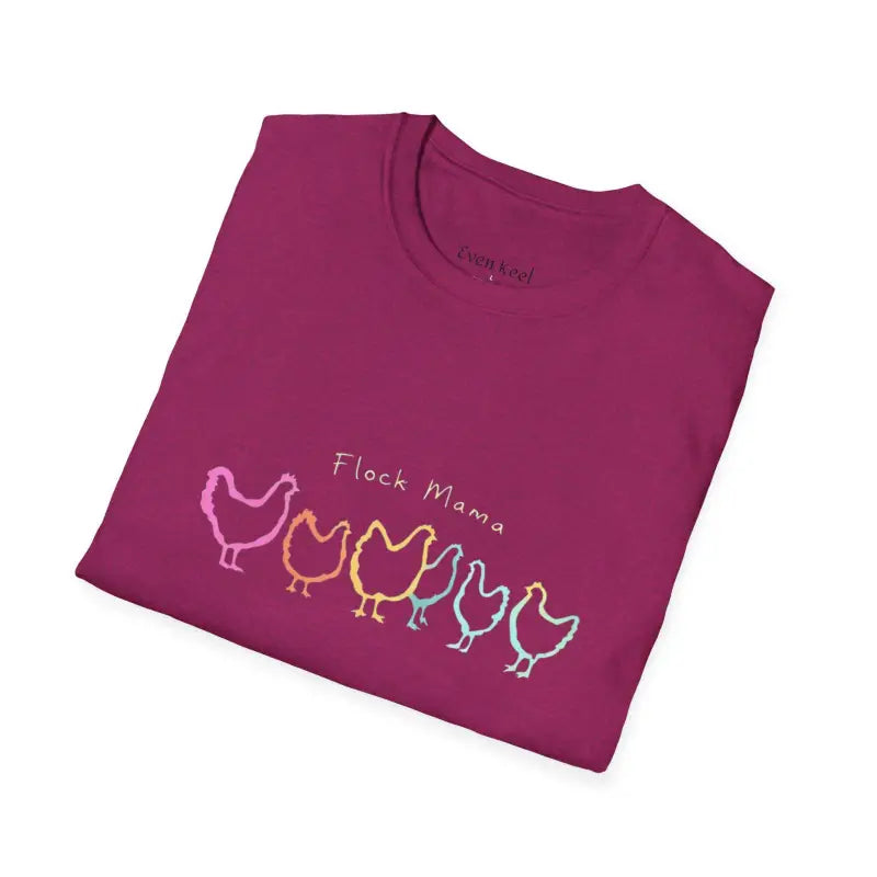 Maroon Flock Mama Unisex Softstyle T-Shirt featuring a chicken graphic for bird lovers