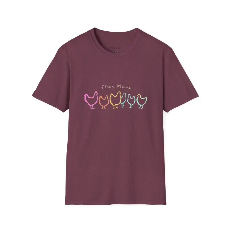 Maroon Flock Mama Unisex Softstyle T-Shirt featuring a chicken graphic for bird lovers