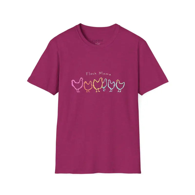 Magenta Flock Mama Unisex Softstyle T-Shirt featuring a chicken graphic for bird lovers