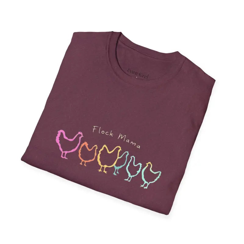 Maroon Flock Mama T-shirt featuring colorful chicken graphic for bird lovers