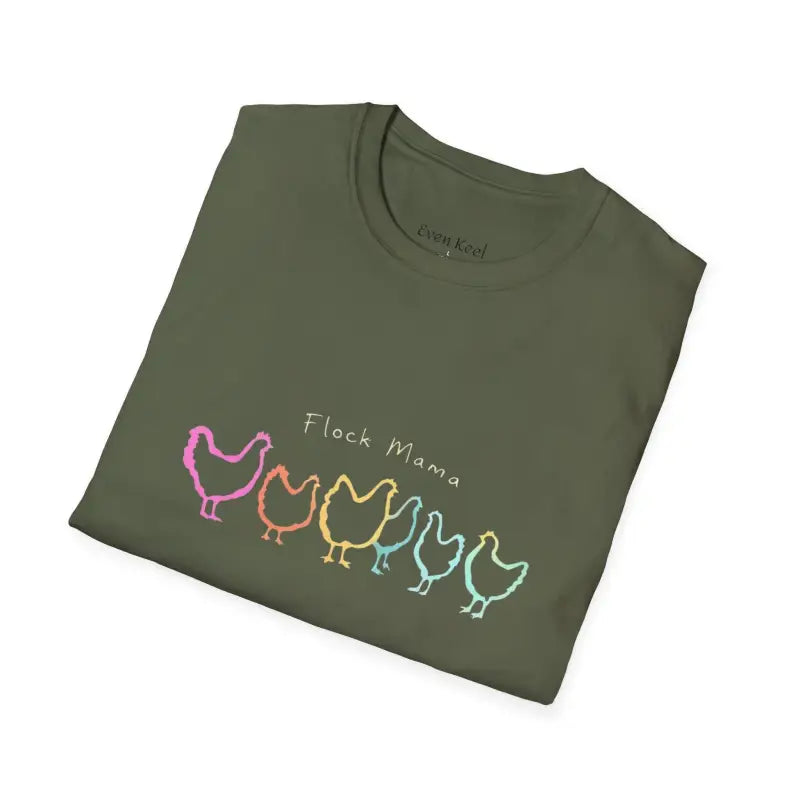 Olive green Flock Mama Unisex Softstyle T-shirt for bird lovers displayed on a model