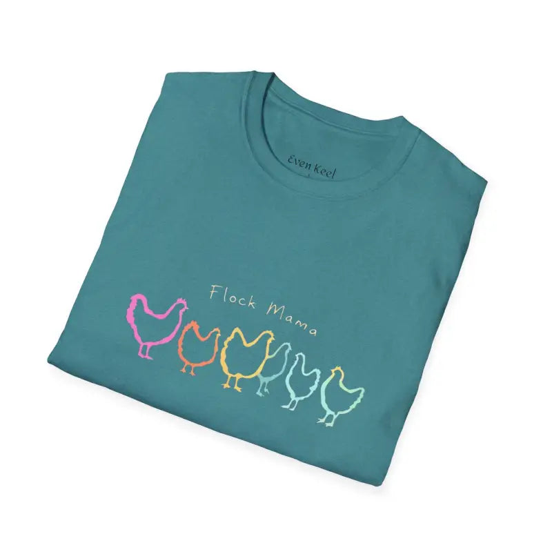 Teal Flock Mama Unisex Softstyle T-Shirt featuring colorful chicken design for bird lovers