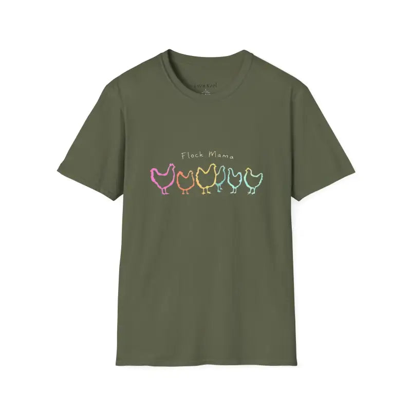 Olive green Flock Mama T-shirt featuring a colorful chicken design for bird lovers