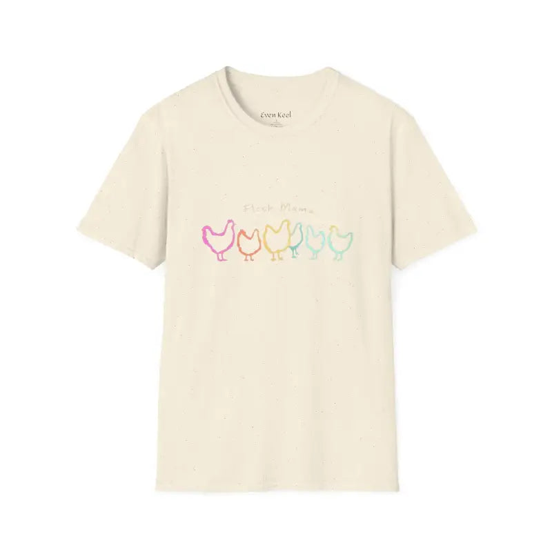 Beige Flock Mama Unisex Softstyle T-Shirt featuring a colorful chicken design