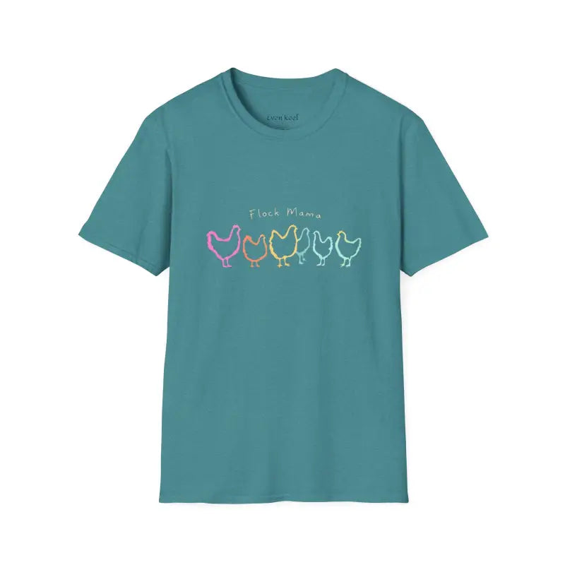 Teal Flock Mama Unisex Softstyle T-Shirt featuring colorful chicken graphic for bird lovers