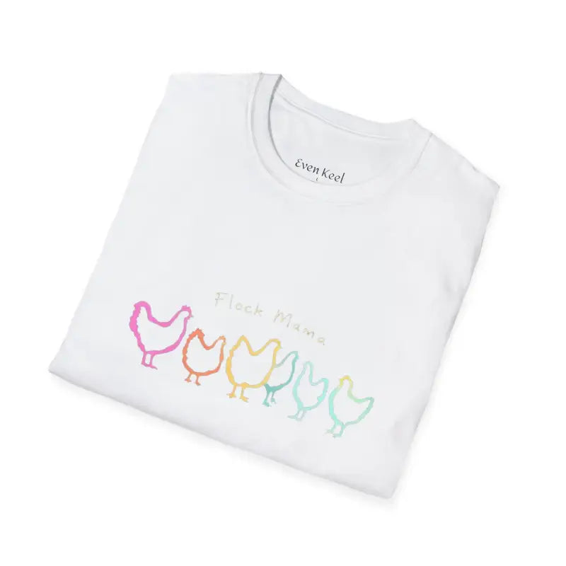 White t-shirt featuring a vibrant chicken design for bird lovers, Flock Mama style