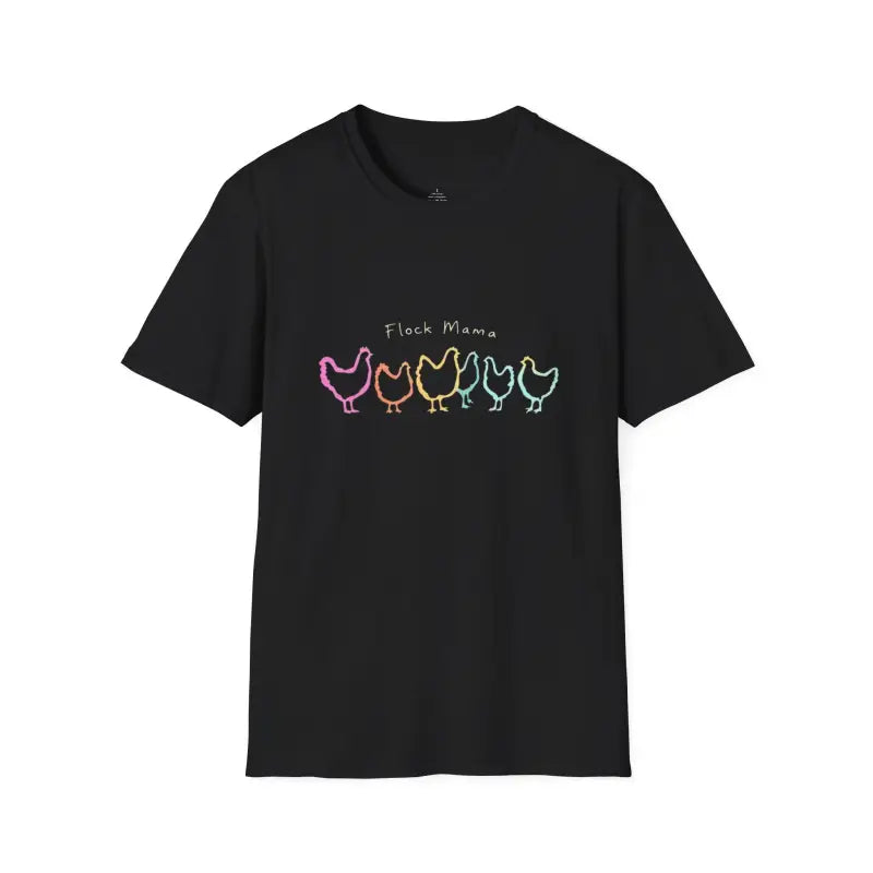 Black Flock Mama Unisex Softstyle T-Shirt featuring a colorful chicken graphic for bird lovers