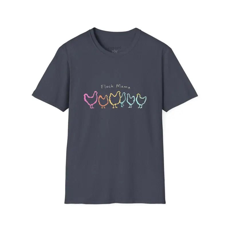 Gray t-shirt featuring a vibrant chicken graphic for bird enthusiasts, Flock Mama design