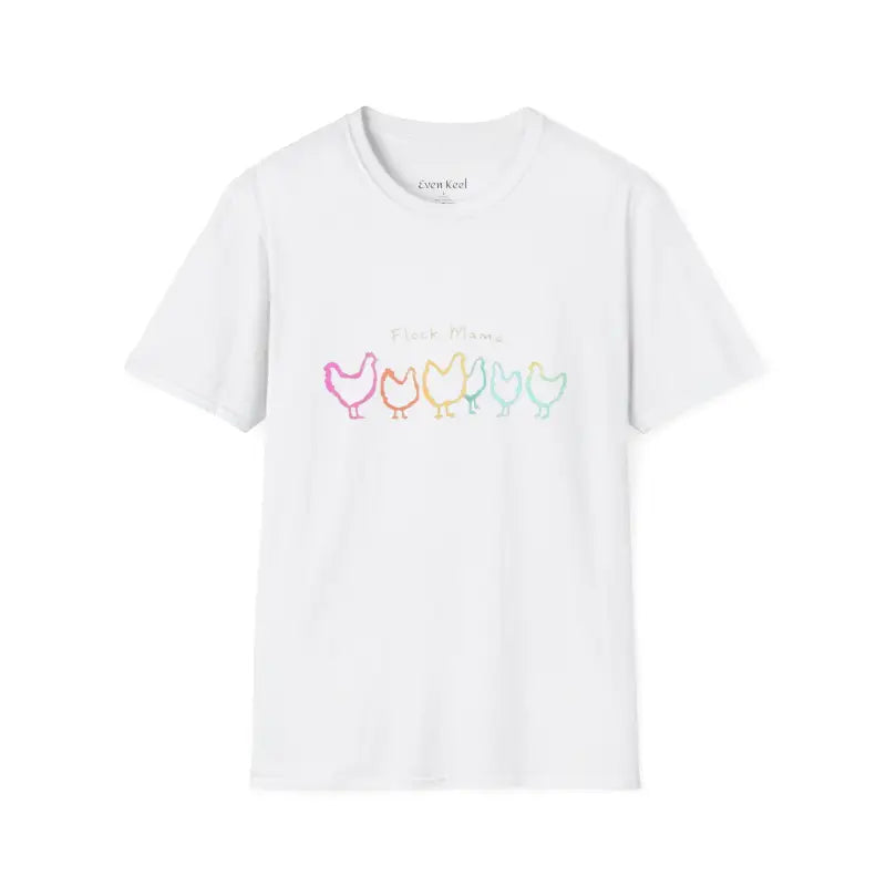 White t-shirt featuring colorful chicken design for bird lovers, Flock Mama product
