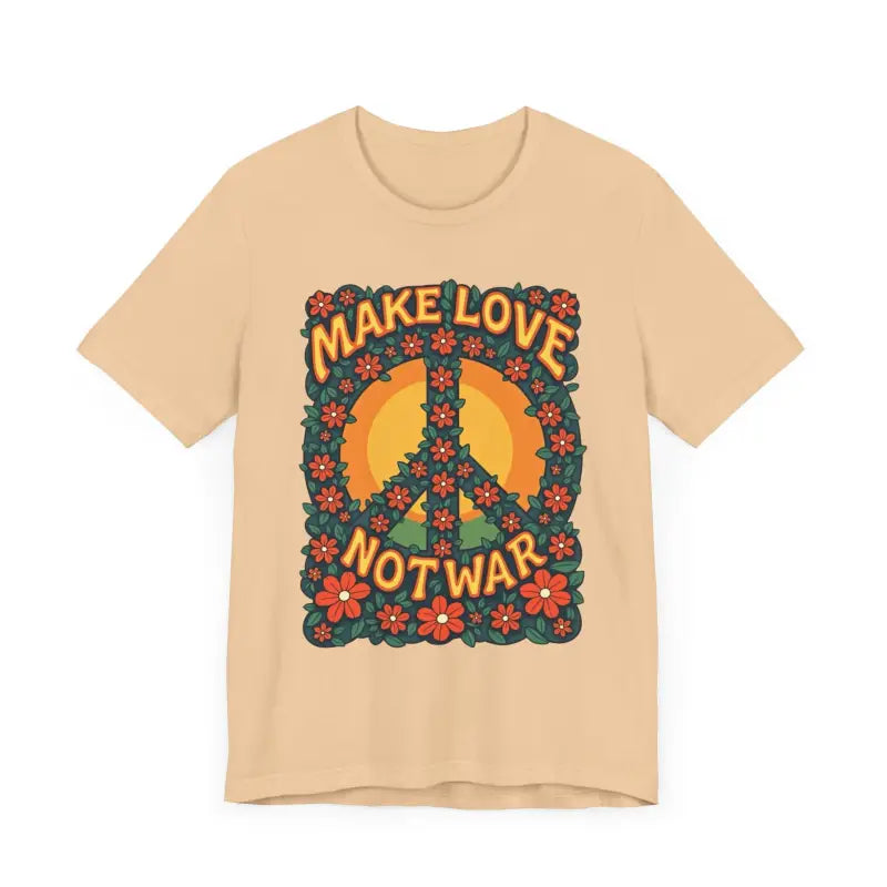 Beige t-shirt with floral peace sign in Retro Peace Sign T-Shirt design for casual wear