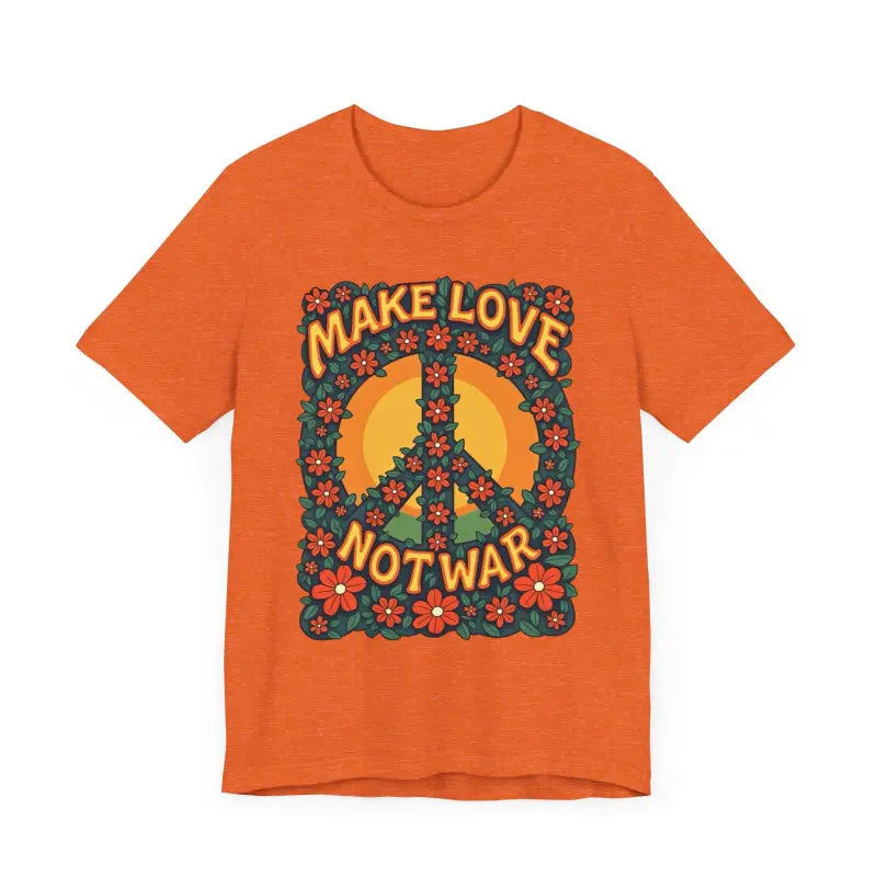 Orange Retro Peace Sign T-Shirt for casual and activist wear displayed on a hanger