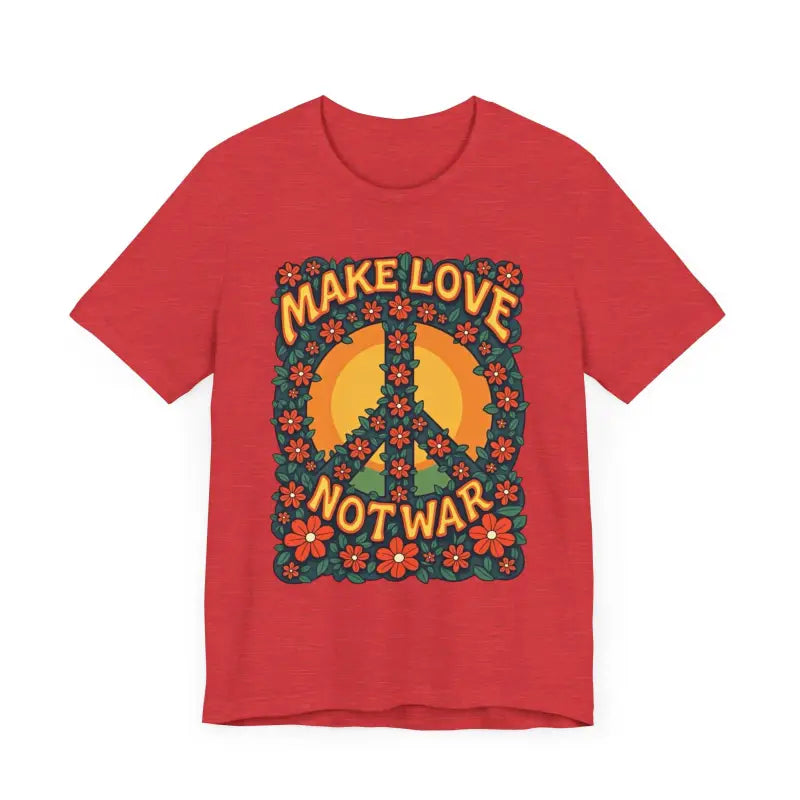 Red T-shirt featuring floral peace sign design for casual and activist wear