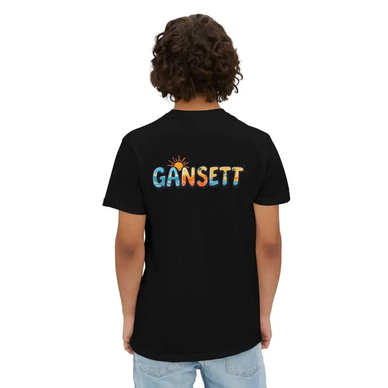Black Gansett Beach Vibes Pocket T Shirt featuring a vibrant graphic design