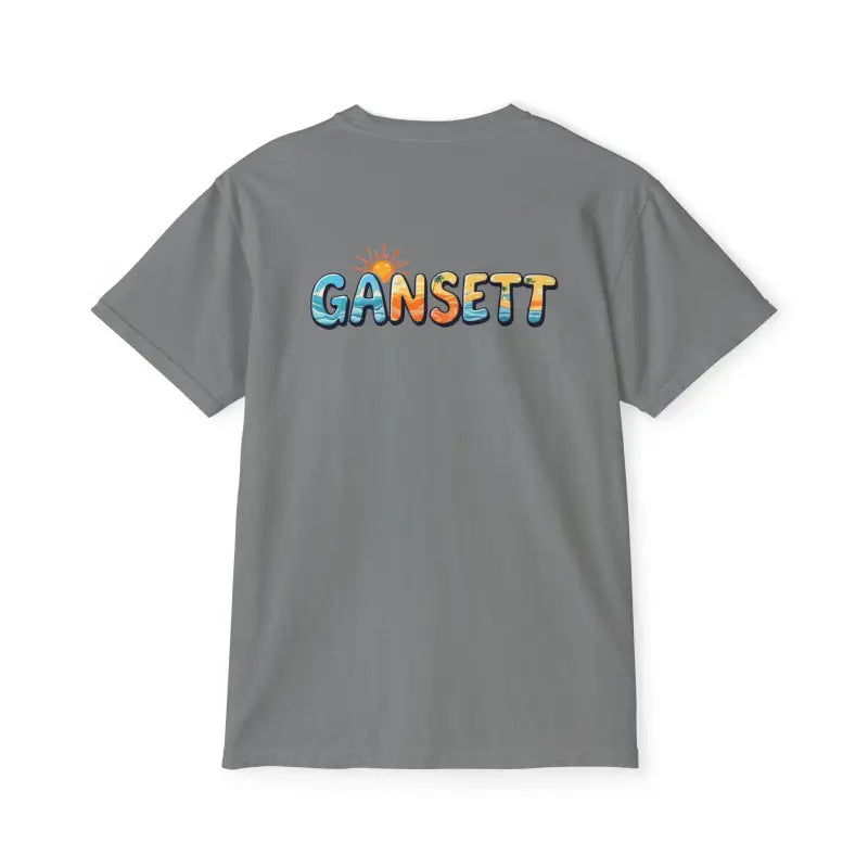 Gray Gansett Beach Vibes Pocket T Shirt featuring a stylish graphic design