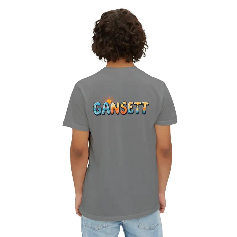 Gray Gansett Beach Vibes Pocket T Shirt featuring stylish text design