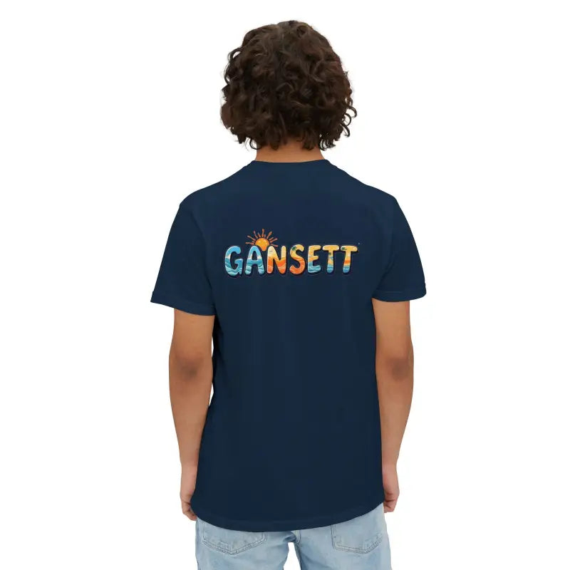 Navy blue Gansett Beach Vibes Pocket T Shirt displayed on a neutral background