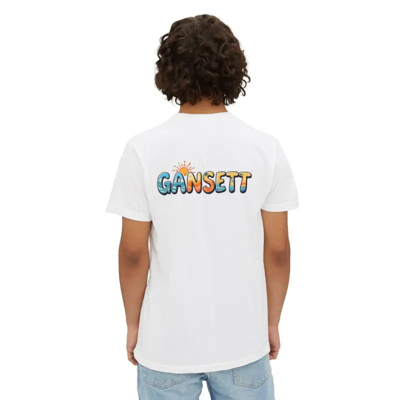 White Gansett Beach Vibes Pocket T Shirt featuring a vibrant graphic design